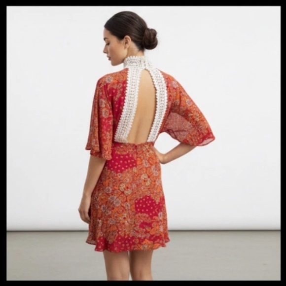 ASOS Mini Dress Floral Size 10 Crochet High Neck Open Back Red Orange Coquette - Picture 2 of 12
